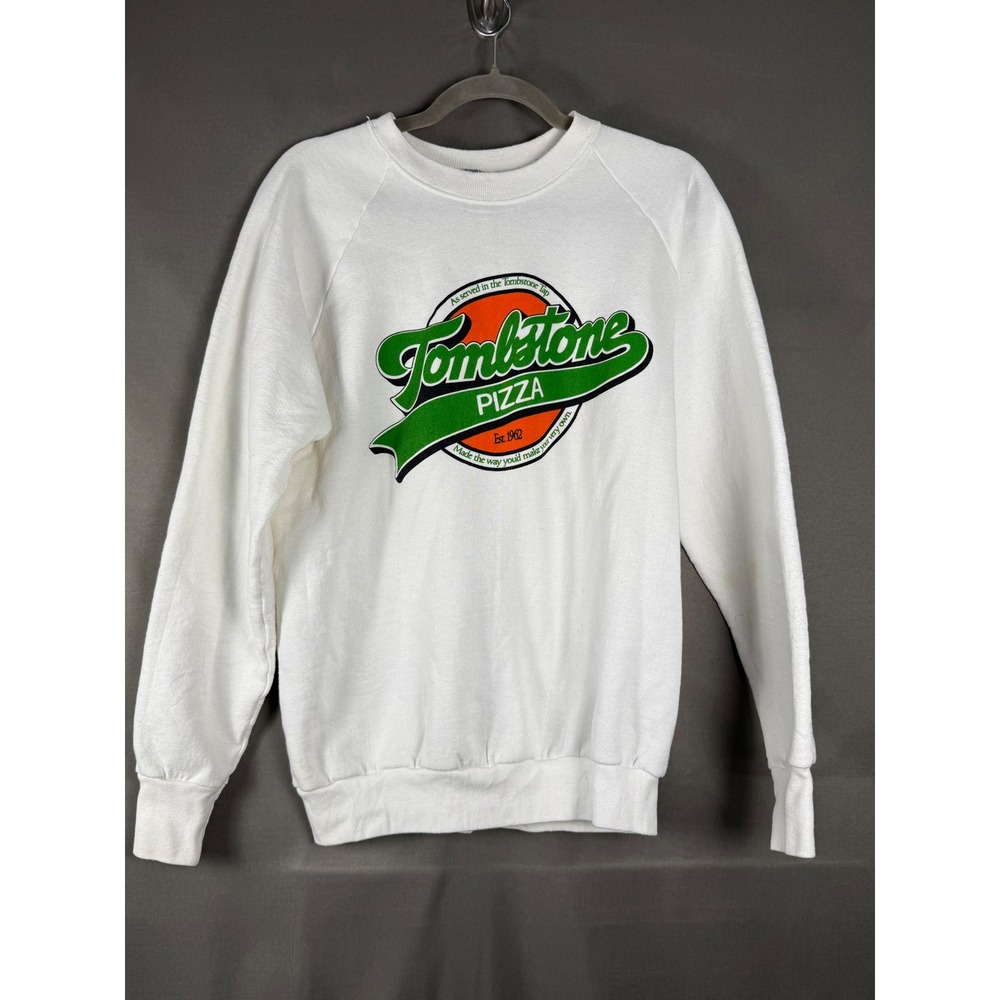 Screen Stars Sweatshirt Mens XL White Tombstone Pizza‎ Vintage Graphic Raglan
